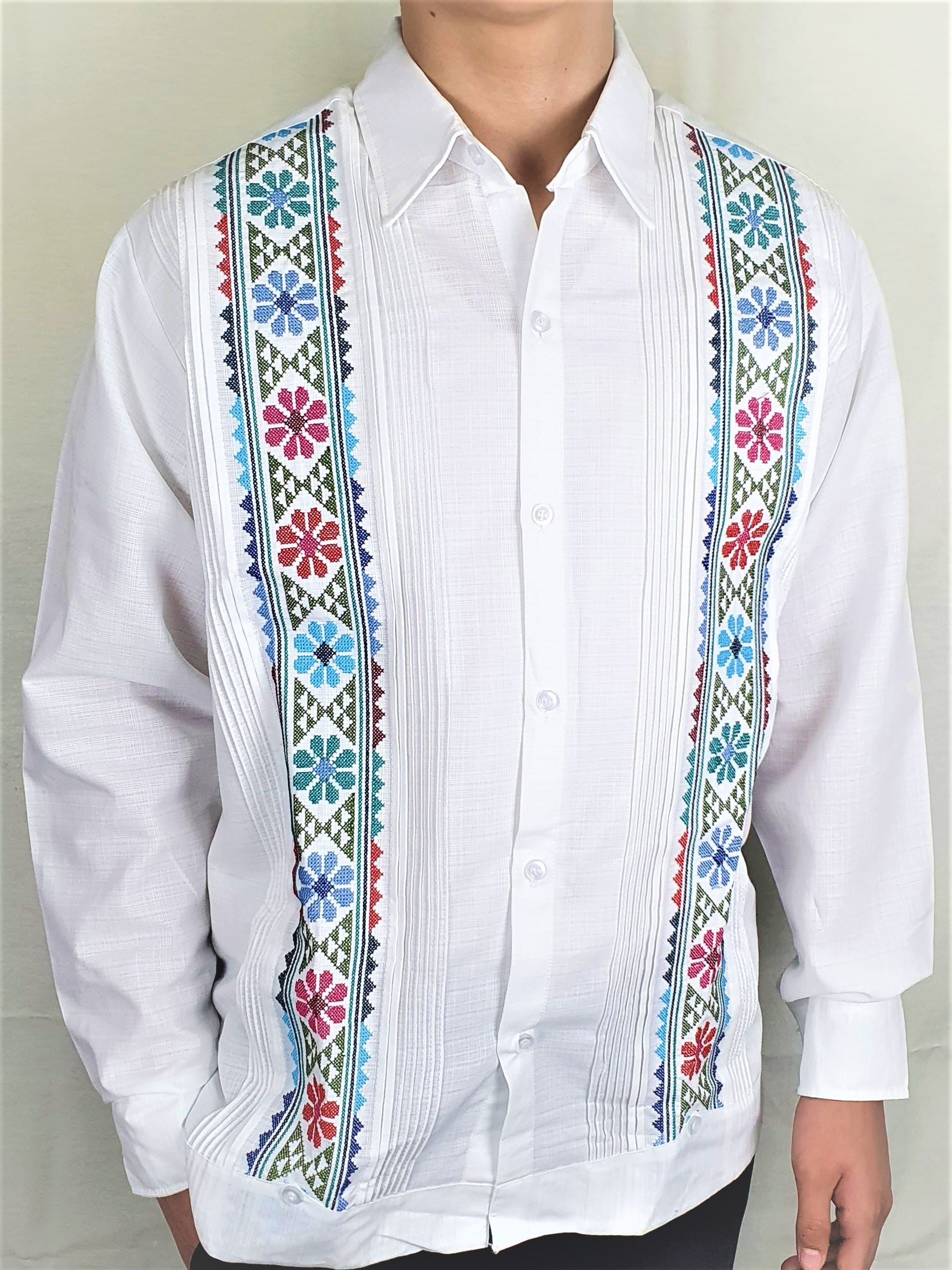 Amusgo White long-sleeve guayabera with multicolor floral vertical embroidery, The Guayabera House