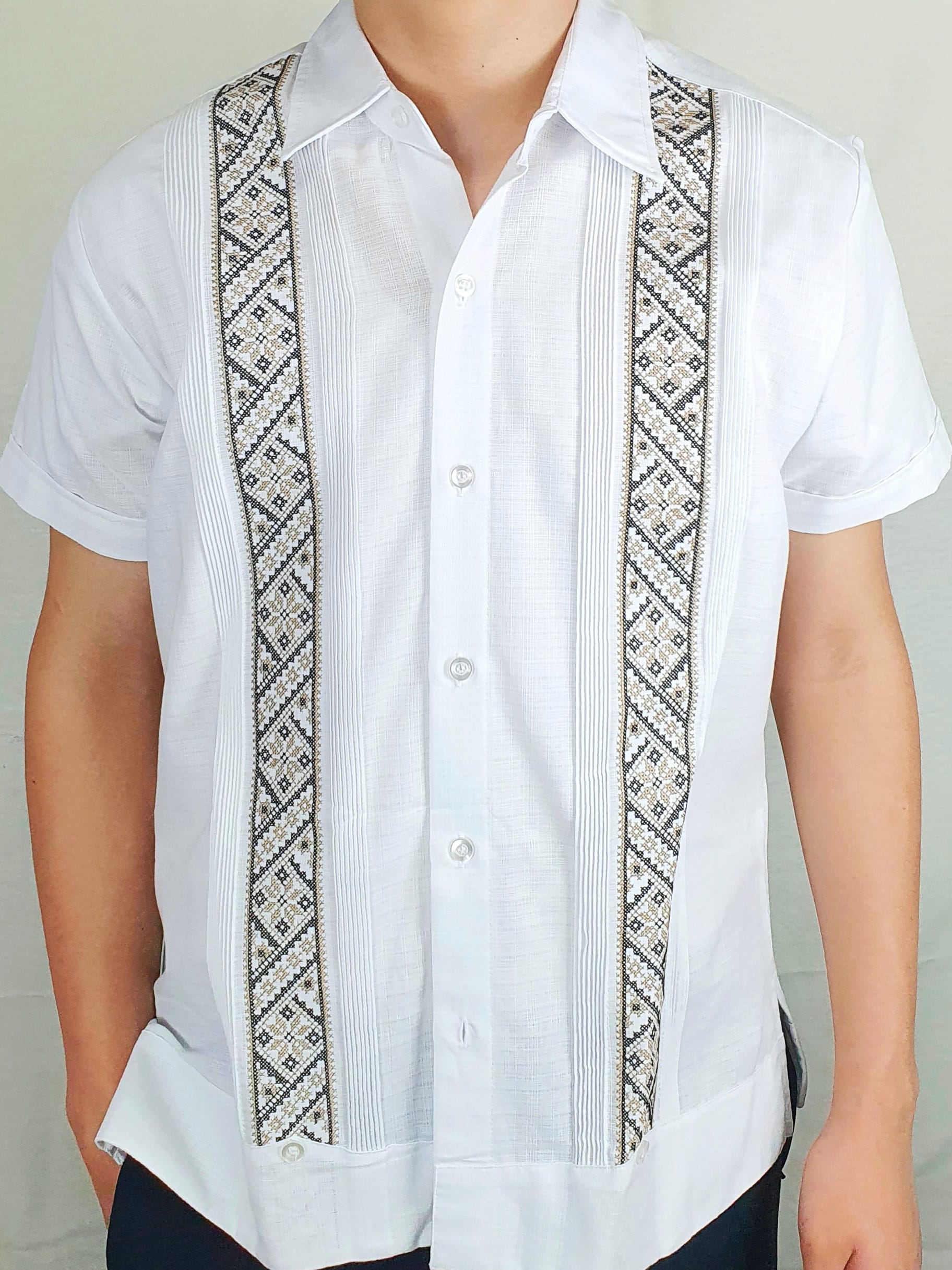 Monclova White short-sleeve guayabera with black and beige vertical embroidery, The Guayabera House