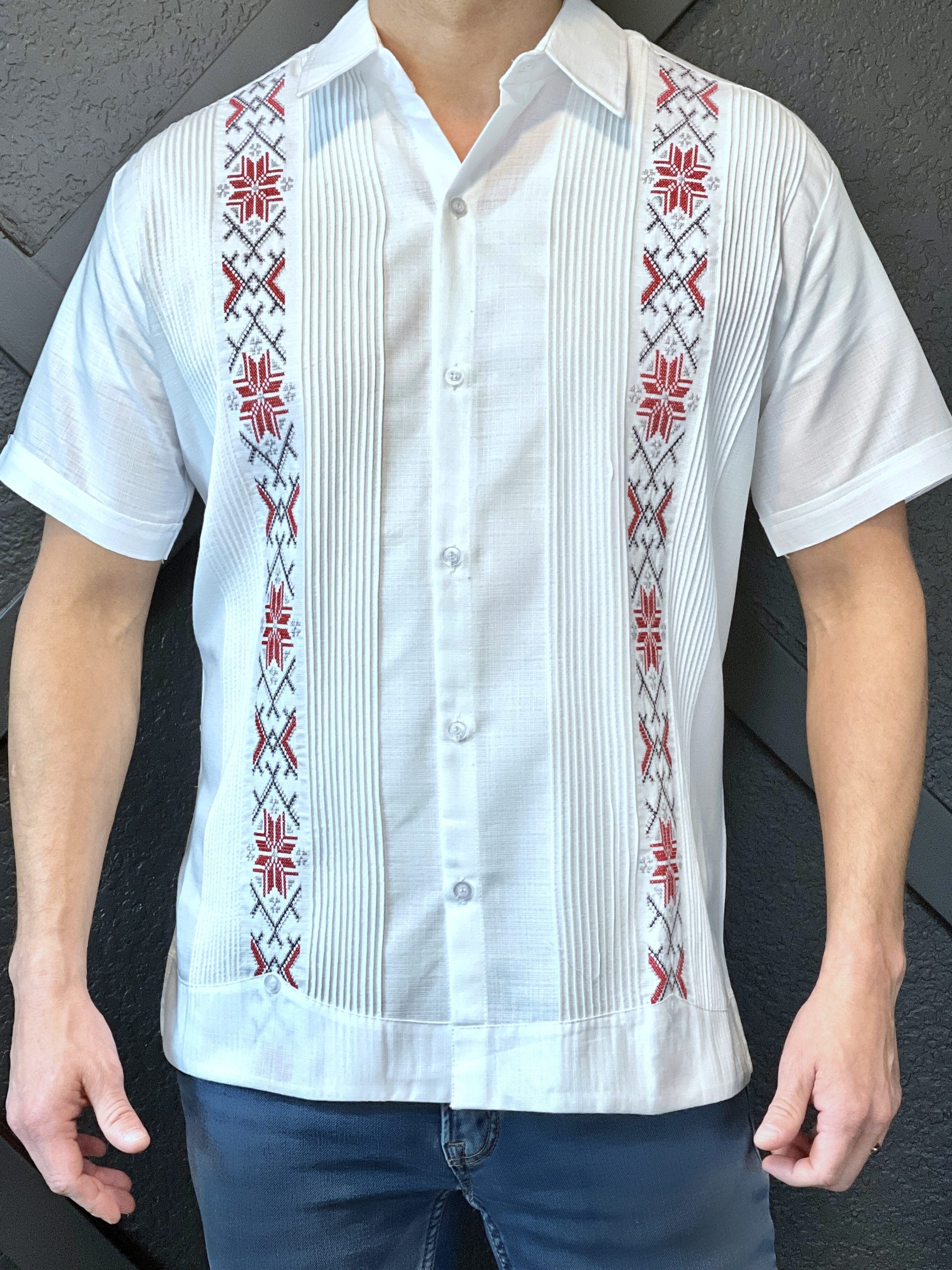Ferry White short-sleeve guayabera with red and black geometric embroidery, The Guayabera House